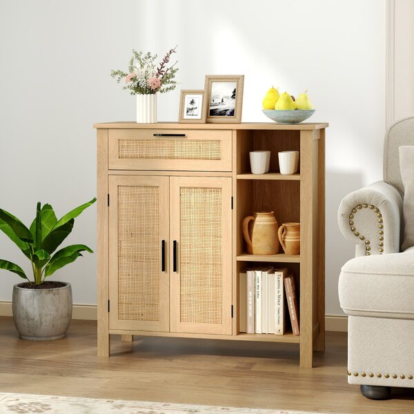 Costway Credenza buffet con ante intrecciate in rattan per cucina, Mobiletto con cassetto e mensola regolabile Naturale