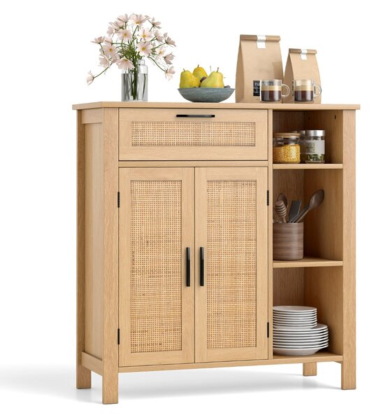 Costway Credenza buffet con ante intrecciate in rattan per cucina, Mobiletto con cassetto e mensola regolabile Naturale