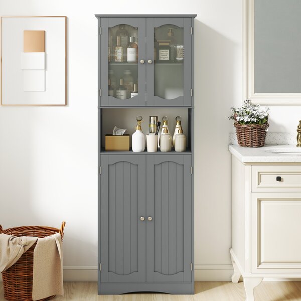 Costway Armadio da bagno alto 164cm con porte in vetro satinato e ripiani, Mobile autonomo per cucina soggiorno ufficio Grigio