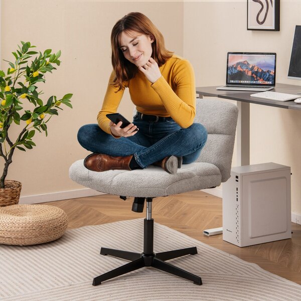 Costway Sedia da ufficio a gambe incrociate con altezza regolabile rotazione a 360°, Sedia da ufficio senza braccioli da lavoro per studio Grigio chiaro