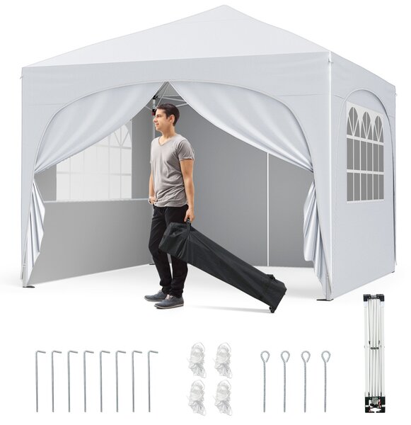 Costway Tenda gazebo richiudibile con 4 pareti rimovibili 3x3 m borsa con ruote, Riparo sole da spiaggia pieghevole Bianco
