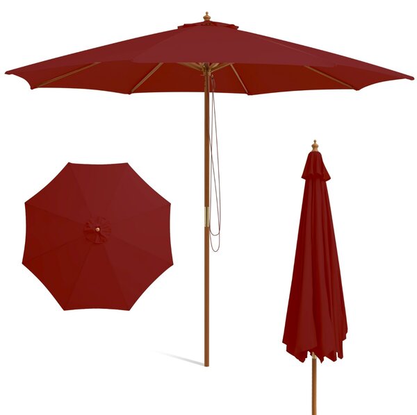 Costway Ombrellone in legno per patio da 300cm, Ombrellone da tavolo con 8 costole di bambù 3 altezze regolabili Rosso