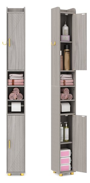 Costway Armadietto da bagno stretto organizzatore stretto con 2 ante e ripiani regolabili, Armadietto da bagno alto Grigio