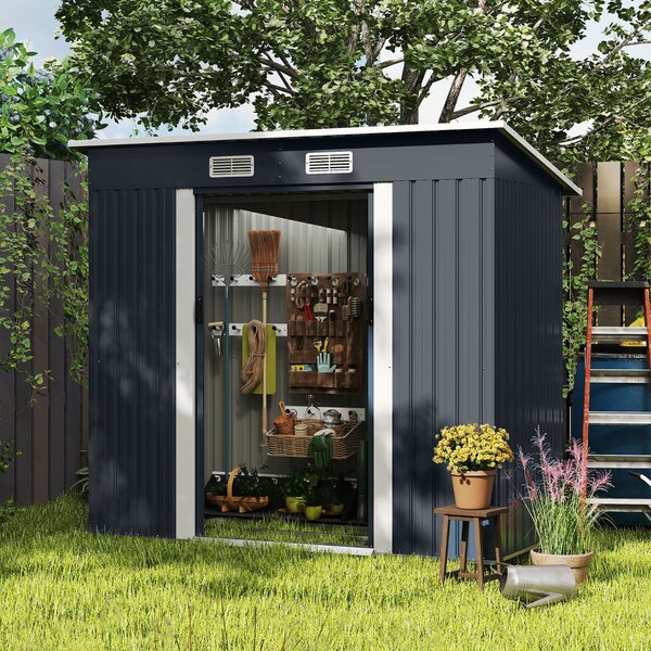 Costway Capanno per attrezzi esterno organizzatore attrezzi con tetto inclinato, Capanno da giardino esterno porta scorrevole e prese d'aria Grigio scuro