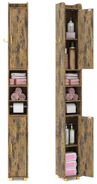 Costway Armadietto da bagno stretto organizzatore stretto con 2 ante e ripiani regolabili, Armadietto da bagno alto Marrone