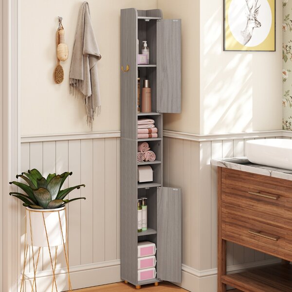 Costway Armadietto da bagno stretto organizzatore stretto con 2 ante e ripiani regolabili, Armadietto da bagno alto Grigio