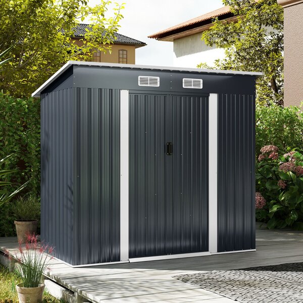Costway Capanno per attrezzi esterno organizzatore attrezzi con tetto inclinato, Capanno da giardino esterno porta scorrevole e prese d'aria Grigio scuro