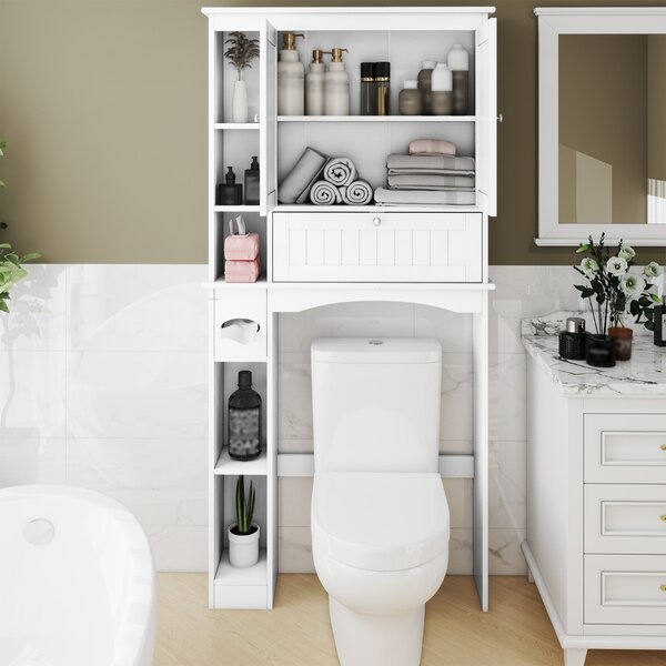 Costway Mobiletto sopra wc con 2 ante e ripiano regolabile e barra inferiore, Organizzatore salvaspazio per bagno e lavanderia Bianco