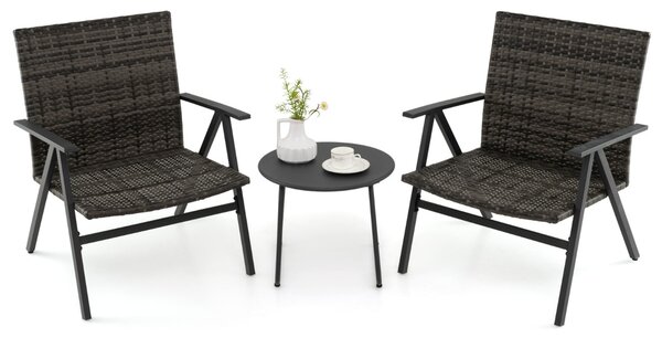 Costway Set bistro da 3 pezzi per patio con schienale e seduta in rattan, Set conversazioni con tavolino rotondo per balcone Grigio