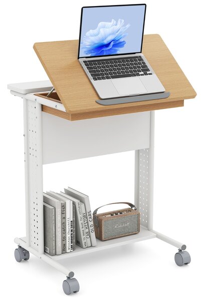 Costway Scrivania per computer su ruote scomparto nascosto, Scrivania su ruote con piano inclinabile Naturale