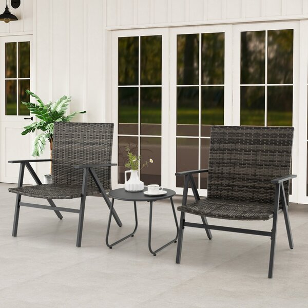 Costway Set bistro da 3 pezzi per patio con schienale e seduta in rattan, Set conversazioni con tavolino rotondo per balcone Grigio