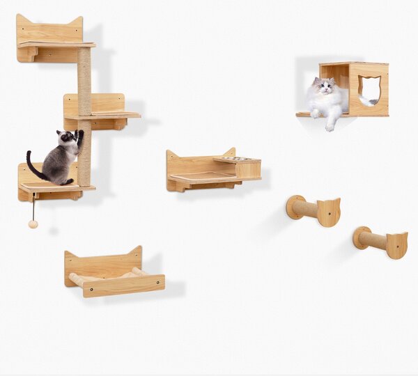 Costway Albero a 3 livelli ciotola per cibo e acqua parco giochi per gatti da interno, Mobili da parete per gatti a 6 pezzi scalini tiragraffi Naturale