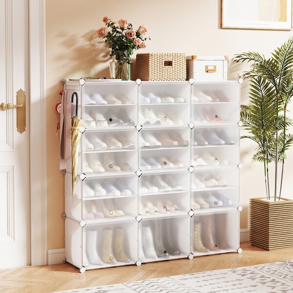 Costway Scarpiera a 8 ripiani per 48 scarpe per ingresso per stivali e tacchi, Armadio 12 cubi in plastica con ganci laterali Bianco