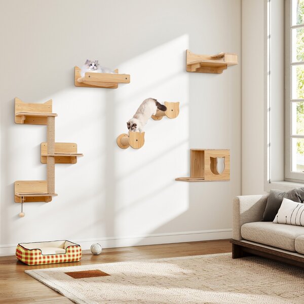 Costway Albero a 3 livelli ciotola per cibo e acqua parco giochi per gatti da interno, Mobili da parete per gatti a 6 pezzi scalini tiragraffi Naturale
