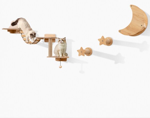 Costway Mensole per gatti a muro con amaca tiragraffi e gioco pensile per gatti da interno, Mobili da parete per gatti da 6 pezzi Beige