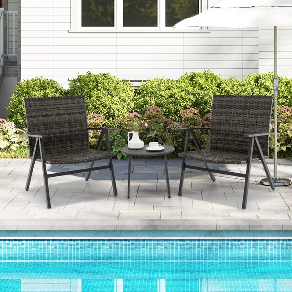 Costway Set bistro da 3 pezzi per patio con schienale e seduta in rattan, Set conversazioni con tavolino rotondo per balcone Grigio