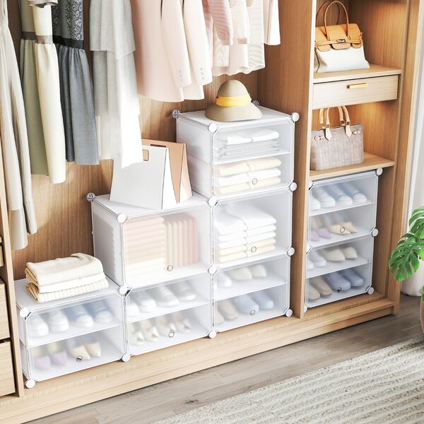 Costway Scarpiera a 8 ripiani per 48 scarpe per ingresso per stivali e tacchi, Armadio 12 cubi in plastica con ganci laterali Bianco