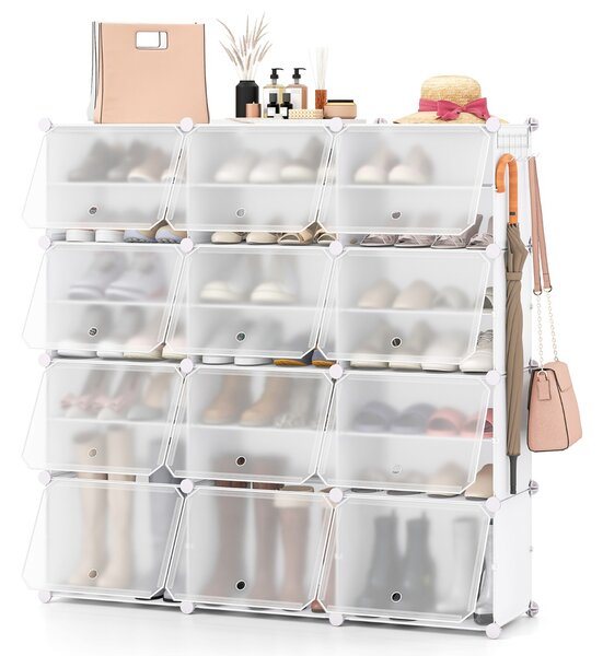 Costway Scarpiera a 8 ripiani per 48 scarpe per ingresso per stivali e tacchi, Armadio 12 cubi in plastica con ganci laterali Bianco