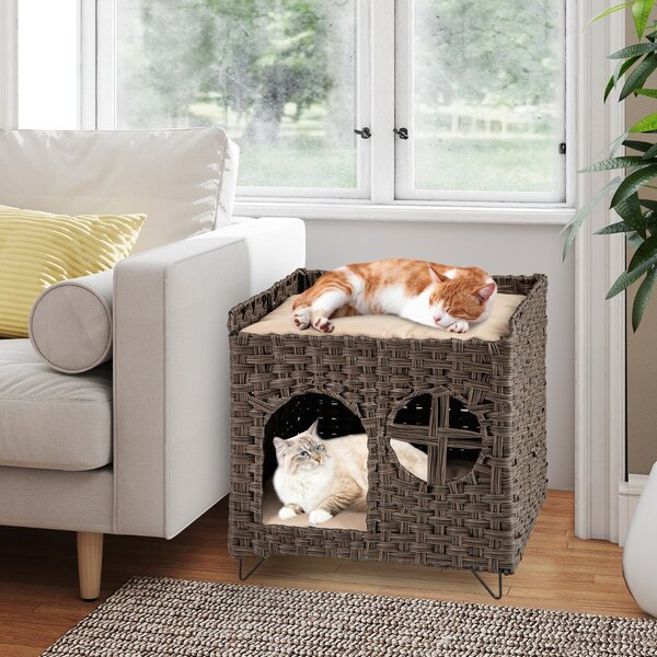 Costway Condominio per gattini in vimini con trespolo elevato grotta nascosta, Casa per gatti in rattan a 2 livelli Marrone