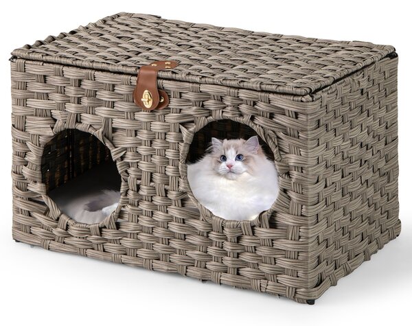 Costway Condominio per gattini in rattan con cuscino morbido rimovibile, Letto pieghevole per gatti da interno Grigio