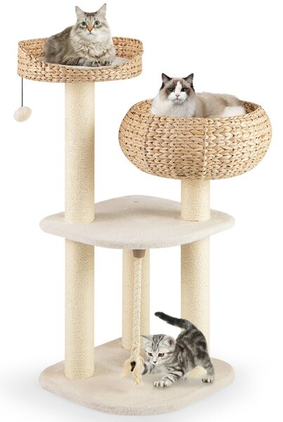 Costway Albero per gatti da interno con trespoli in sisal naturale, Lettini a forma di cesto con pallina appesa Bianco