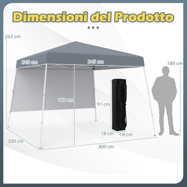 Costway Tenda pop-up con 1 parete laterale e zaino portatile, Riparo per patio esterno pieghevole gazebo per spiaggia Grigio