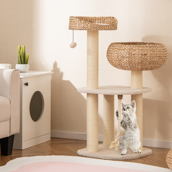 Costway Albero per gatti da interno con trespoli in sisal naturale, Lettini a forma di cesto con pallina appesa Bianco