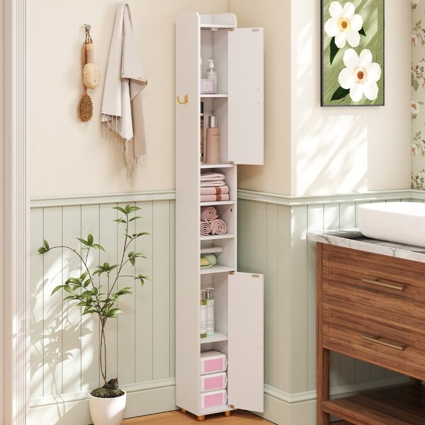 Costway Armadietto da bagno stretto organizzatore stretto con 2 ante e ripiani regolabili, Armadietto da bagno alto Bianco