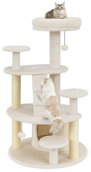 Costway Albero per gatti adulti con condominio e piattaforma imbottita, Centro attività per animali domestici interno Bianco