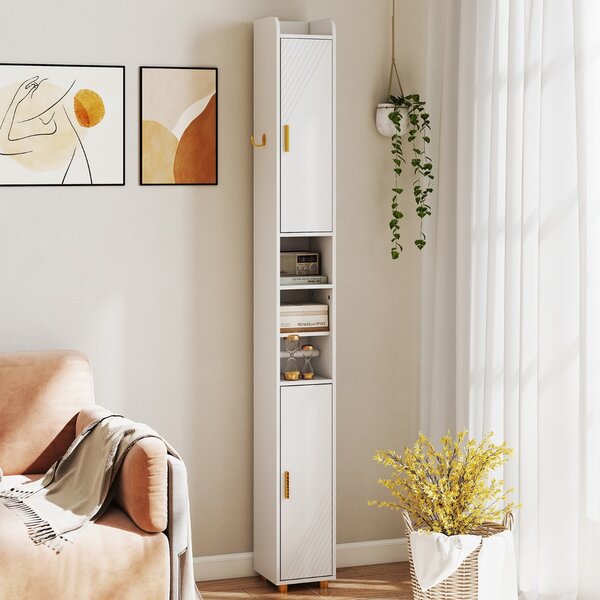 Costway Armadietto da bagno stretto organizzatore stretto con 2 ante e ripiani regolabili, Armadietto da bagno alto Bianco