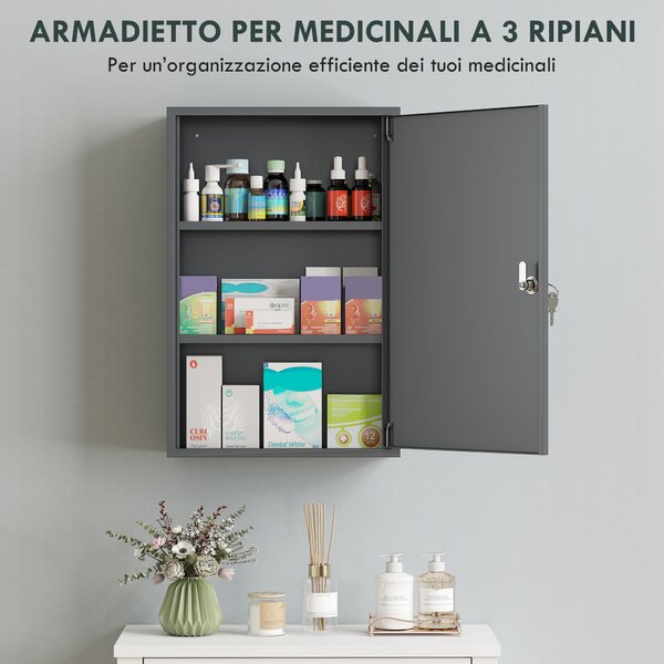 Kleankin Armadietto Medicinali a 3 Livelli in Metallo con 2 Chiavi e Montaggio a Parete, 40x18x60 cm, Grigio | Aosom Italy