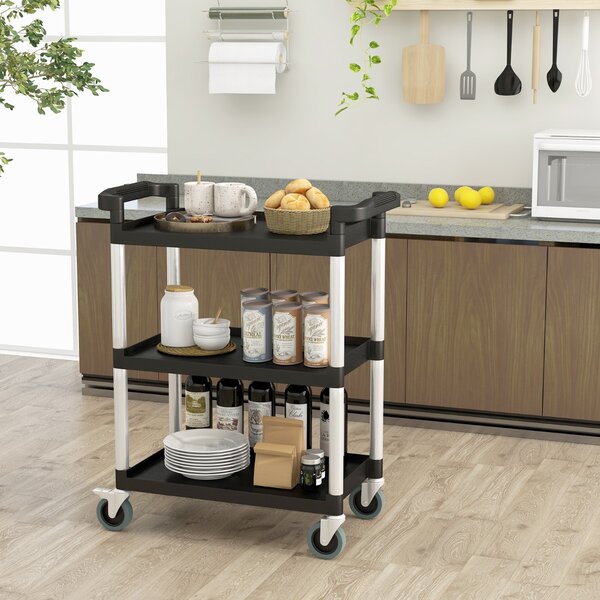 Costway Carrello di servizio resistente con ruote bloccabili doppie maniglie in alluminio, Carrello a 3 livelli per magazzino ufficio cucina Nero