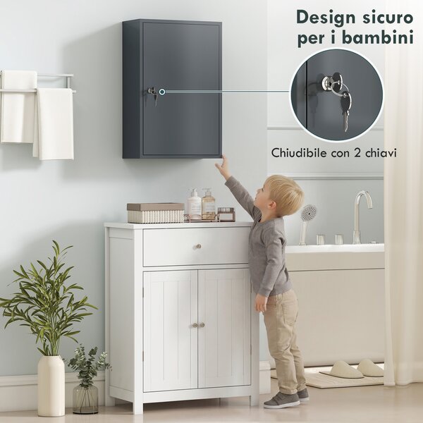 Kleankin Armadietto Medicinali a 3 Livelli in Metallo con 2 Chiavi e Montaggio a Parete, 40x18x60 cm, Grigio | Aosom Italy