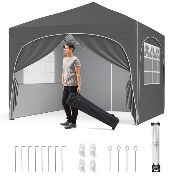 Costway Tenda gazebo richiudibile con 4 pareti rimovibili 3x3 m borsa con ruote, Riparo sole da spiaggia pieghevole Grigio