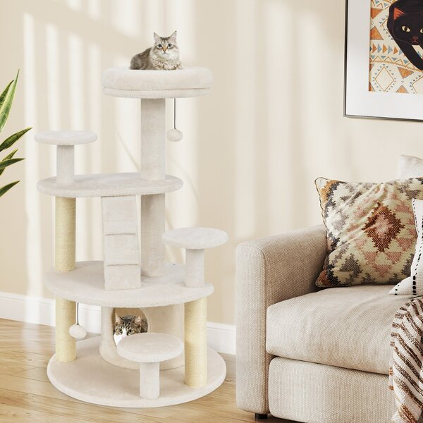 Costway Albero per gatti adulti con condominio e piattaforma imbottita, Centro attività per animali domestici interno Bianco