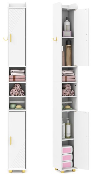 Costway Armadietto da bagno stretto organizzatore stretto con 2 ante e ripiani regolabili, Armadietto da bagno alto Bianco