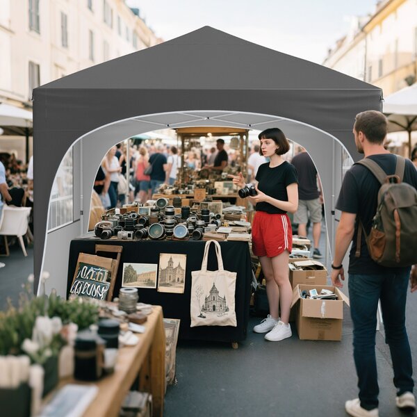 Costway Tenda gazebo richiudibile con 4 pareti rimovibili 3x3 m borsa con ruote, Riparo sole da spiaggia pieghevole Grigio