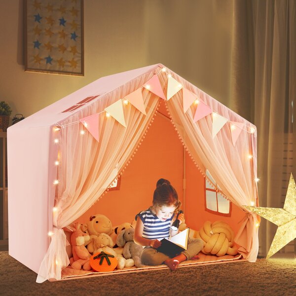 Costway Tenda da gioco per bambini con tende in tessuto e rete luci a stella materassino in cotone, Grande casa da gioco Rosa