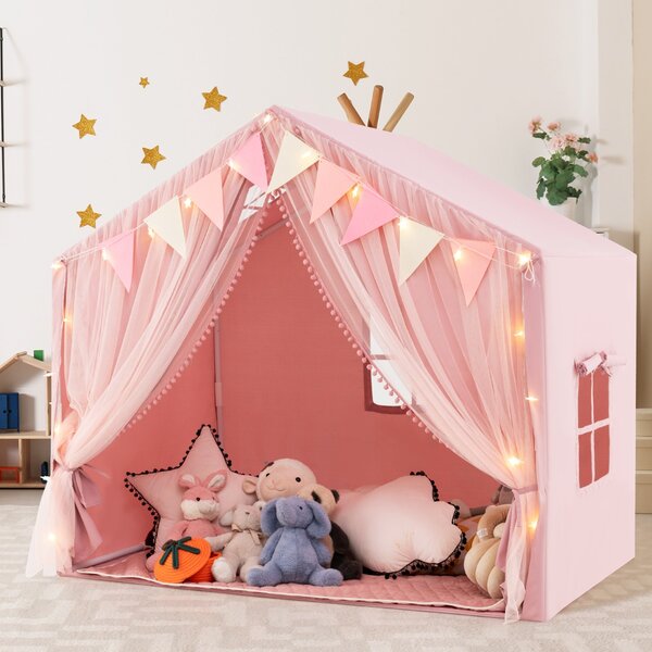 Costway Tenda da gioco per bambini con tende in tessuto e rete luci a stella materassino in cotone, Grande casa da gioco Rosa