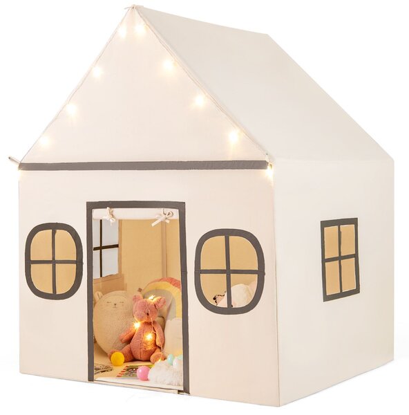 Costway Tenda da gioco per bambini con tenda porta e finestre e luci a stella, Tenda da interno per bambini e bambine 3-10 anni Beige