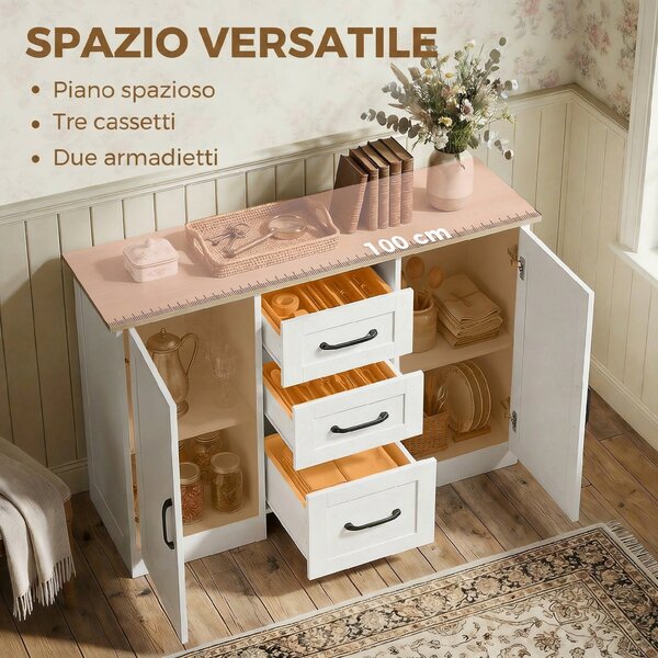 HOMCOM Credenza Cucina, Mobile Cucina con 3 Cassetti, 2 Ante, Soft Close, per Sala da Pranzo Ingresso Salotto, 110x35x80.4cm, Bianco | Aosom Italy