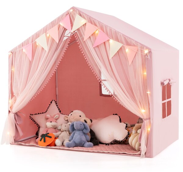 Costway Tenda da gioco per bambini con tende in tessuto e rete luci a stella materassino in cotone, Grande casa da gioco Rosa