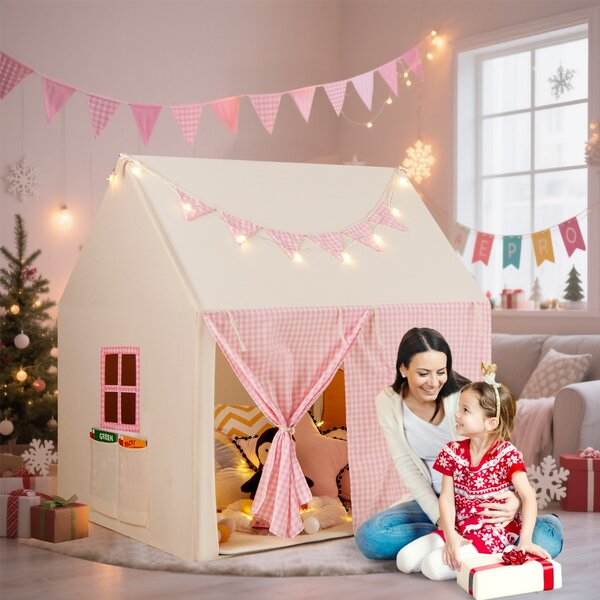 Costway Tenda da gioco per bambini con tappetino imbottito 2 finestre traspiranti e 2 tasche, Casetta tenda da gioco Rosa