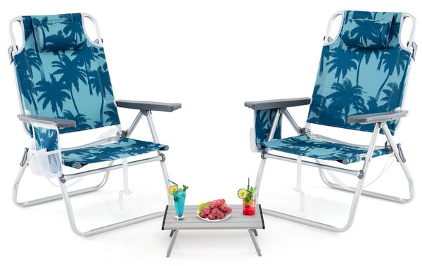 Costway Sedie da giardino a 2 posizioni con tavolino laterale per picnic all'aperto, Set di sedie da spiaggia pieghevoli e tavolino Blu scuro