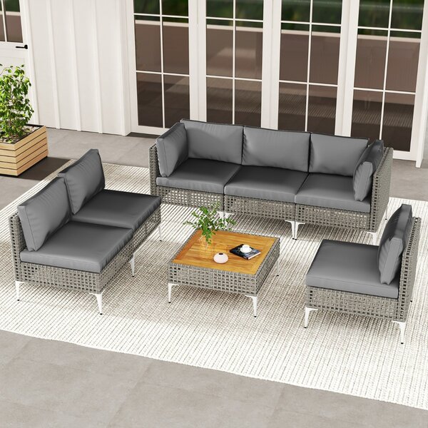 Costway Set di mobili da giardino con divano sezionale in vimini e tavolino in legno di acacia, Set da conversazione in rattan Grigio