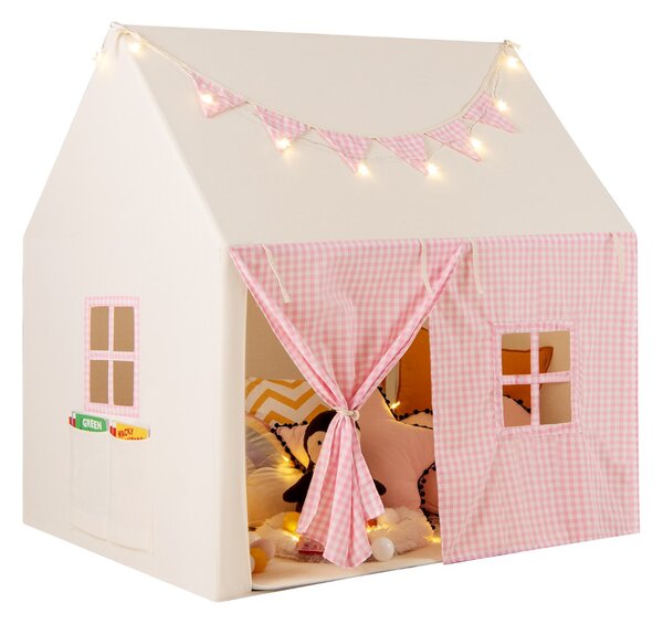 Costway Tenda da gioco per bambini con tappetino imbottito 2 finestre traspiranti e 2 tasche, Casetta tenda da gioco Rosa