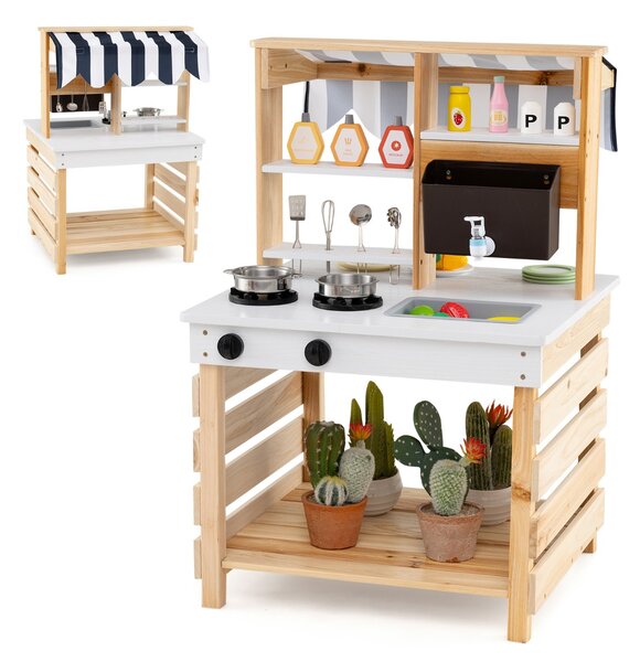 Costway Cucina giochi in legno a doppia faccia con lavandino vaschetta per l'acqua, Set di cucina per bambini dai 3+ anni Naturale