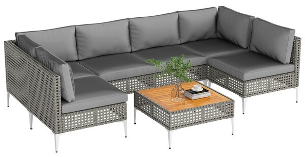 Costway Set di mobili da giardino con divano sezionale in vimini e tavolino in legno di acacia, Set da conversazione in rattan Grigio