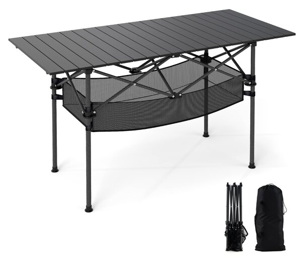 Costway Tavolo da picnic portatile con piano in alluminio arrotolabile cestello in rete, Tavolo da campeggio pieghevole da esterno Nero