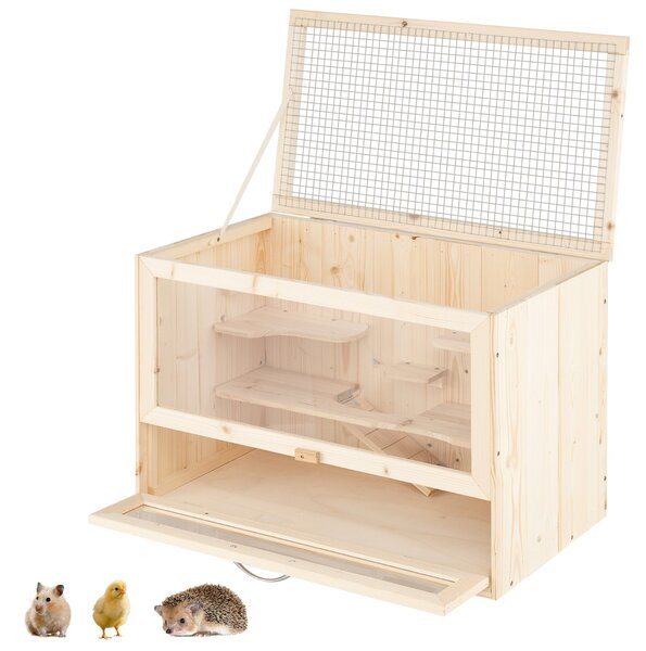 Costway Gabbia in legno per criceto con tetto ribaltabile in rete, Vasca per animali piccoli con pannello in acrilico Naturale